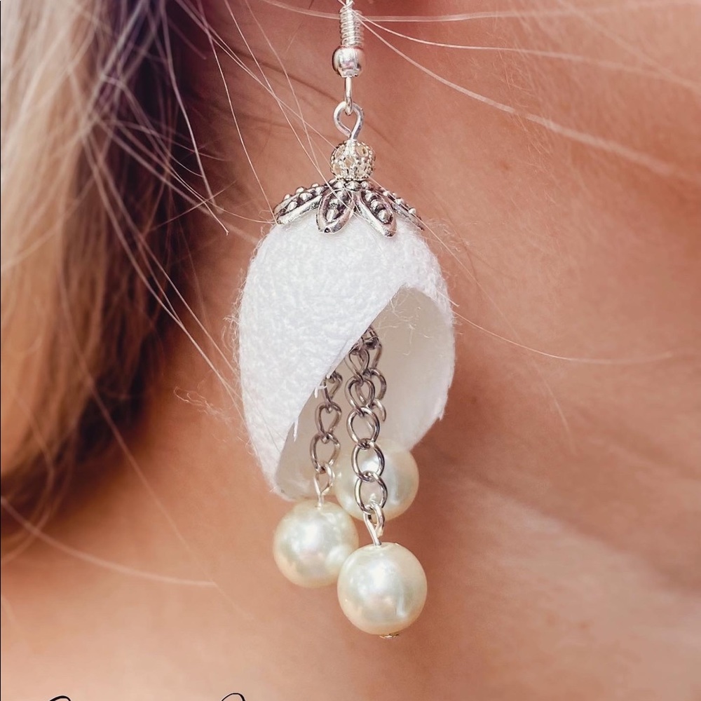 Silk cocoon and pearl dangle earrings